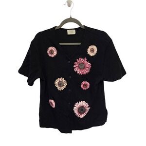 Vintage 90s Teddi‎ Floral Button Down Short Sleeve Top Black Pink Gerbera Cute